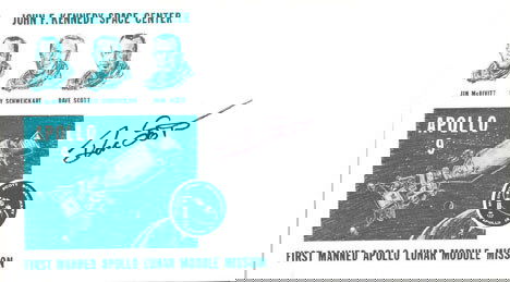 Apollo Astronaut David Scott Autograph on a JFK: Apollo Astronaut David Scott Autograph on a JFK Space Center cover with a monochromatic Apollo 9 first Manned Apollo Lunar Module Mission cachet complete with Apollo 9 missionc profile card inside the