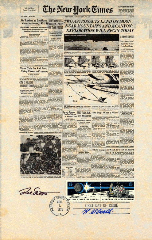 Apollo 15 David Scott and Herman Oberth Autograp: Astronaut David Scott and Herman Oberth Autographs on a printed parchment paper copy (7 x 11") of the front page of the July 31, 1971 New York Times, with two 'first day of issue' "Decade of Achieveme