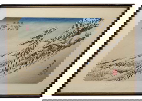 Water Scene Print by Blanche Dillaye: Print of a water scene by Blanche Dillaye mounted in a cream color mat and mounted in a brown and gold wooden frame to 22.25"x15.50".