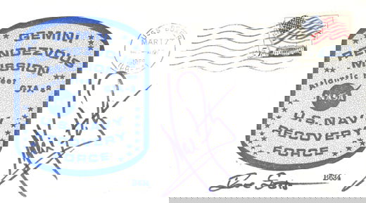 Gemini GT8 Neil Armstrong and David Scott Autograp: On a cover with a blue Gemini 8 Atlantic Fleet recovery ship cachet and USS Boxer cancel dated March 17, 1966. USS Boxer was scheduled to be the prime recovery vessel, but the in-flight emergency on G