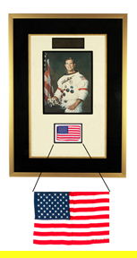 Apollo 9 Flown United States Flag: Silk flag (8 x 12") professionally matted and framed (to 16 x 20") along with a color (8 x 10") photograph of David Scott. David has inscribed the flag:"Carried aboard Apollo 9 CSM. Dave Scott". Ex. T