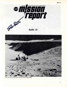 Apollo 15 Scott Autograph on "NASA Apollo 15 Missi: David Scott autograph on the front cover of "NASA Apollo 15 Mission Report". Boldly signed in black Sharpie. Excellent condition. Ex: the David Scott collection.