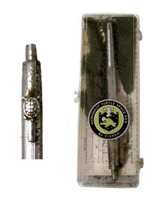 Apollo 15 David Scott Autograph and Fisher "Turtle: David Scott autograph on the insert of a Fisher "Astronaut Turtle Space Pen". Signed "Dave Scott, Gemini 8, Apollo 9, Apollo 15" in fine black Sharpie. The pen is in its original case. The green cushi