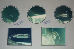 Gemini GT 8 David Scott Autograph: on a color five-photo montage of the historic docking of the Agena with Gemini 8. Matted and framed (to 23x42.5") and in very good condition. Dave Scott has noted in blue ink on the mat "First Docking