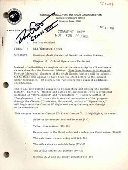 Gemini GT 8 David Scott Autograph: on the front cover of 1970, "Command Draft Chapter of Gemini Narrative History" (117pp., stapled, 3-hole). A compelling draft of "Chapter 17: Orbital Operations Perfected". This chapter includes the d