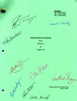 Apollo AS 204 David Scott Autograph: on the front cover of a script from the Tom Hanks movie "From the Earth to the Moon" (Hour 2, "Apollo 1"). Scott was the technical advisor to the movie. The script has pink, yellow, green and blue pag