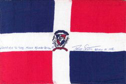 Apollo 15 Dominican Repubic Flag Carried to Moon: (4 x 6") David Scott has written in blue ink on the flag: "Carried to the Moon aboard Apollo 15" Dave Scott Apollo 15 CDR". Professionally matted and framed (to 16 x 20") with a photograph of David Sc