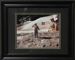 Apollo 15 David Scott Autograph: on a NASA color (8 x 10") photograph of the astronaut on the lunar surface. Scott has signed boldly in silver Sharpie in the black sky and added "Apollo 15 CDR". Professionally matted and framed to 12