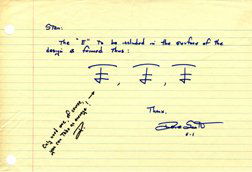 Apollo 15 David Scott Handwritten Note: on a handwritten note on lined notebook paper regarding the design of the Apollo 15 mission patch. The note reads, in part: "Stan: The "E" to be included in the surface of the design is formed thus ��