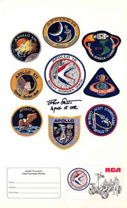 Apollo 15 David Scott Autograph: on a sheet promotional stickers issued by RCA bearing Apollo VII - VX mission emblems. Scott has signed underneath the Apollo 15 sticker in black Sharpie. Very good condition. Ex: the David Scott coll
