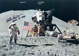Apollo 15 David Scott Autograph: on the front cover of 1971, "Apollo 15 At Hadley Base" (28pp., stapled). Scott has signed in black Sharpie. Excellent condition. Ex: the Dave Scott collection.