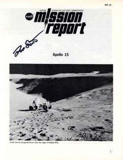 Apollo 15 David Scott Autograph: on the front cover of a 1972 "Apollo 15 Mission Report". Boldly signed in black Sharpie. Excellent condition. Ex: the David Scott collection.
