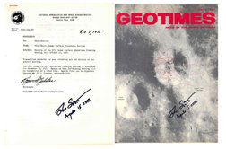 Apollo 15 David Scott Autographs: on each of three different Fall 1971 NASA memorandums and one Geotimes Magazine. Scott has signed all four items in black Sharpie.