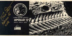 Apollo 15 David Scott Autograph: on front cover of an Apollo 17 information booklet. Scott has signed in gold Sharpie. Excellent condition. Ex: the David Scott collection.