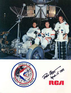 Apollo 15 David Scott Autograph: on an RCA information sheet outlining their contributions to the Apollo program. The front cover bears a photograph of the Apollo 15 crew poised on and around the LM. Scott signed in black Sharpie. Ve