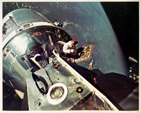 Lot of 3 Apollo 9 Lithographs: Lot of three color (20 x 16") lithographs depicting the LM in orbit (A/P 906), the CSM (A/P 908) and David Scott's EVA (A/P905). Minor faults should not detract. A nice group