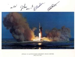 Apollo 15 Scott Worden Irwin Autographs: David Scott, Alfred Worden and James Irwin autographs on a NASA color lithograph (8 x 10") of the Apollo 15 launch. Irwin has inscribed the photo "Aim High!" and "Apollo 15". An Aurora Galleries certi