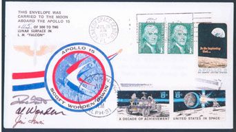 Apollo 15 Crew Signed Cover Flown to Lunar Surfac: This cover, # 115 of 300, has been signed by the crew, David Scott, Al Worden and Jim Irwin and has a printed inscription that reads "This envelope was carried to the Moon aboard Apollo 15, # 115 of 3