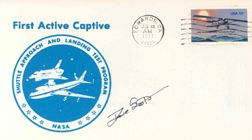 Shuttle ALT David Scott Autograph: on an unaddressed Shuttle ALT cover with a blue "NASA First Active Captive" cachet and Edwards, CA machine cancel. Dave Scott was Director of the NASA Dryden Research Center when this Shuttle approach
