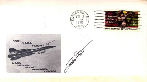 David Scott Autograph: commemorating the 100th NASA Flight, NASA Dryden Flight Center. This cover has a Edwards CA cancel dated Feb 12, 1976.