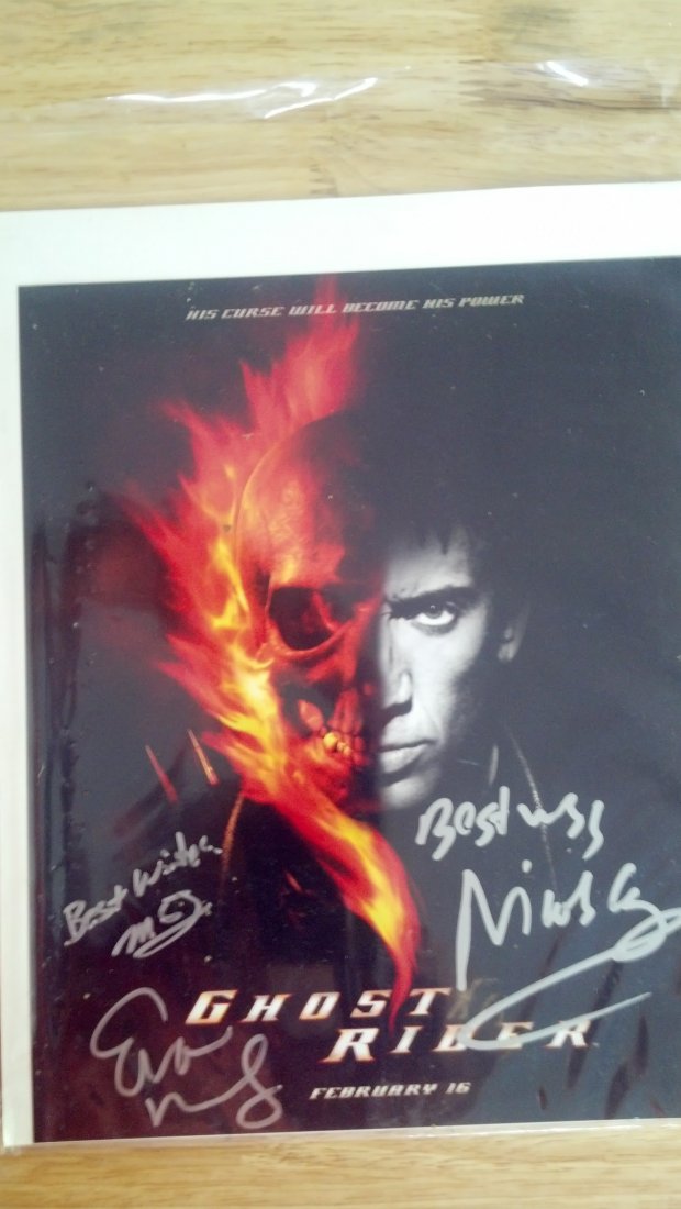 GHOST RIDER MOVIE LARGE PHOTO2 SIGNATURES: SIGNED BEST WISHES - NICHOLAS CAGE PLUS CO -STAR