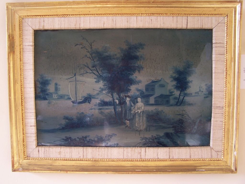 18th c. Reverse glass painting: Louis XVI period "fixe sous verre" painted on glass personage in a landscape. French, 18th c. 22.5''W 17''H