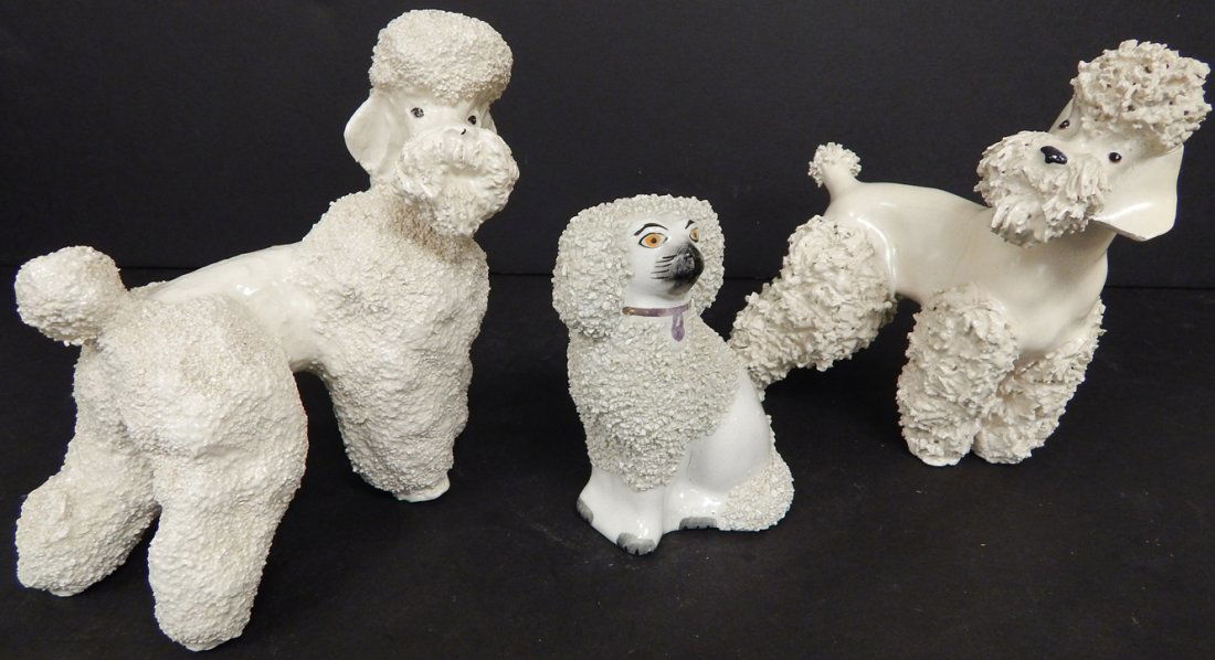 (3) VINTAGE PORCELAIN POODLE STATUE: (2) 5.5" X 4.5" (1) 4" X 2.5" ADORABLE AND UNIQUE!! GOOD CONDITION. WE DO NOT SHIP. PLEASE CONTACT A SHIPPING CENTER OF YOUR CHOICE USING ZIP CODE LOCATION 33460. CHECK OUR WEBSITE FOR MORE DETAILS &