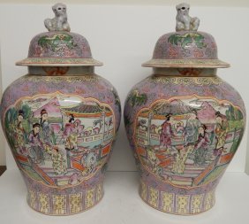 (2) LARGE ANTIQUE FAMILLE ROSE GINGER JARS: 19" X 11"