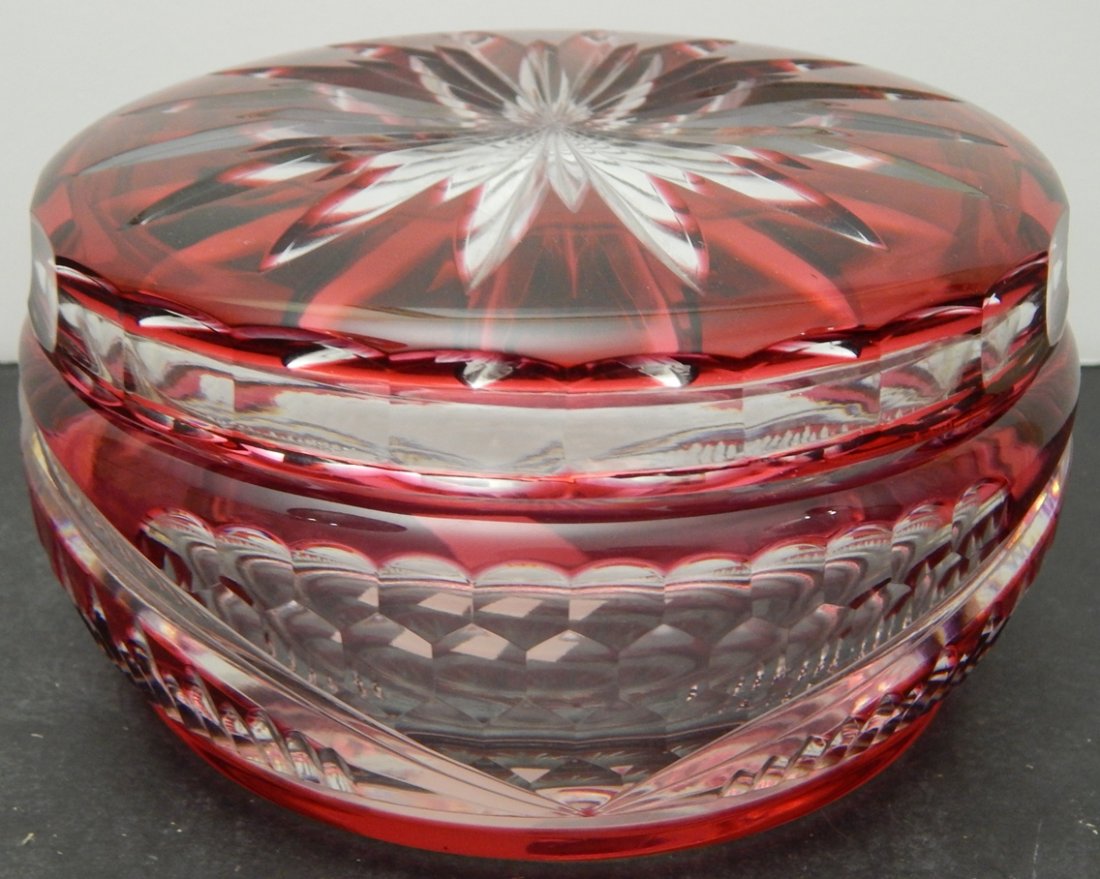 SIGNED VAL SAINT LAMBERT CRANBERRY BOWL W/ LID: SIGNED AND NUMBERED VAL SAINT LAMBERT COLORED CRANBERRY CUT TO CLEAR BOWL WITH LID. APPROX. 3"H X 5.5"W