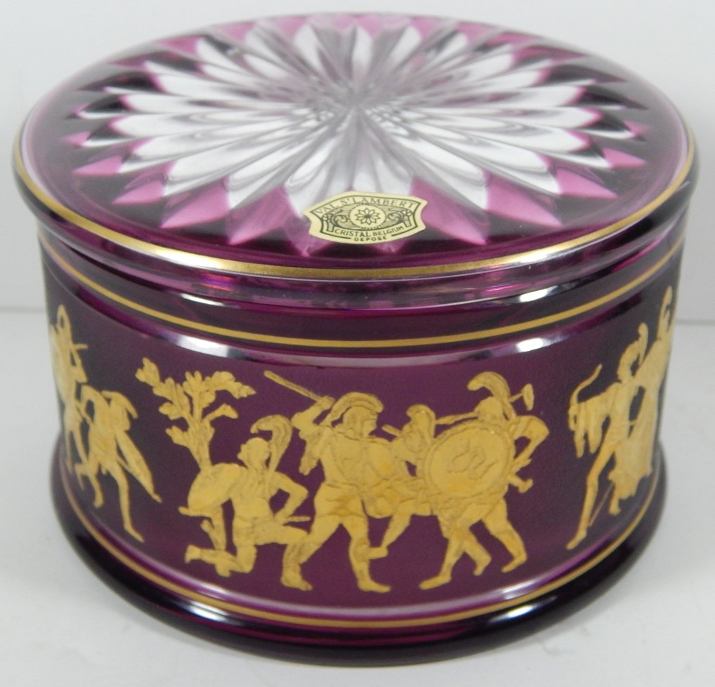 VAL ST. LAMBERT "JUPITER" CRANBERRY TO CLEAR CRYSTAL: VAL ST. LAMBERT "JUPITER" CRANBERRY TO CLEAR CRYSTAL POWDER BOX.3" X 4 5/8"