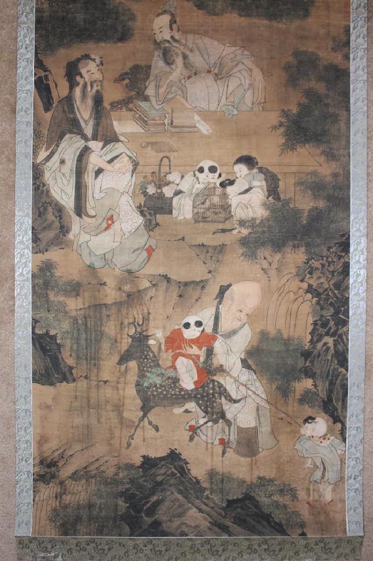 Qing/Ming Chinese scroll painting, 3 Dao Gods, by Wang: Chinese scroll painting, by Wang Wenwei Qing/Ming dynasty, 17th c(?)Painting: 48 x 24 inches = 120 cm x 60 cm. Scroll: 52 x 26 inches = 130 cm x 65 cm. Frame: 50.5 x 31 inches = 126 cm x 77.5 cm. Prov