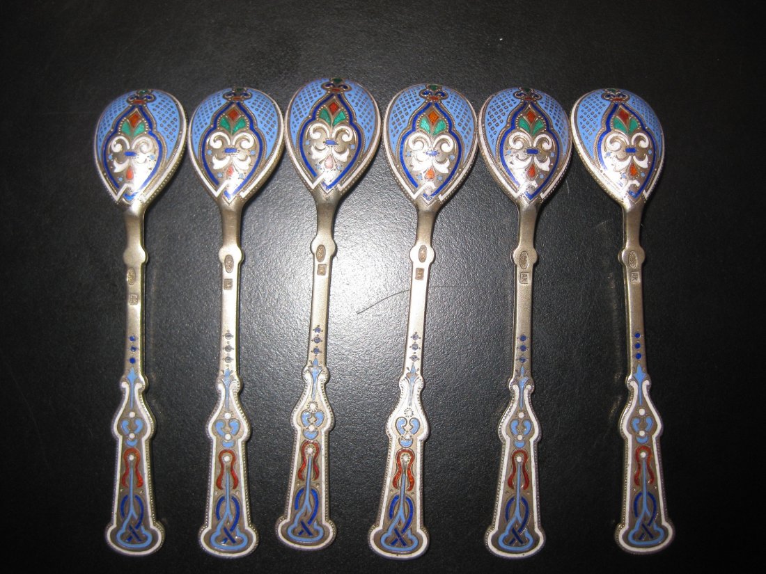 6 Russian Imperial silver gild enamel spoons, 1895: Six Russian Imperial silver gild enamel spoons, by Antip Kuzmichev, 1895, Moscow Antip Kuzmichev used to work for his company in Moscow and for Faberge Length of one spoon: 35/8” = 9 mm Weight of al
