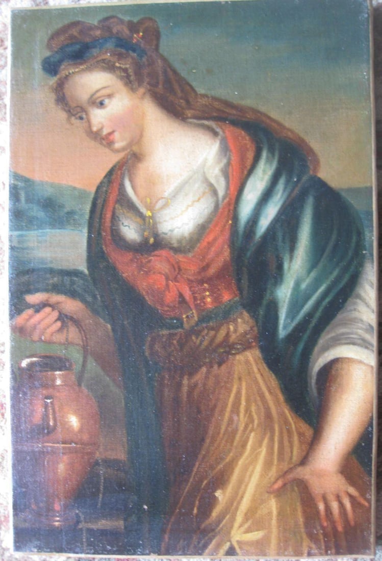 Maria Magdalena (Samaritan woman) & Jesus, attributed to Lavinia Fontana (1552-1614), Italy: Maria Magdalena (Samaritan woman) and Jesus, oil painting, attributed to Lavinia Fontana (1552-1614), Italy. Possibly a study before painting the main picture, Lavinia Fontana school or and an old cop