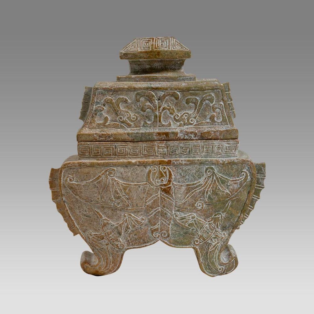 Antique Chinese carved nephrite jade urn & lid, with 6 bats design, Tang dynasty (202 BC -220 AD)? (1 of 14)