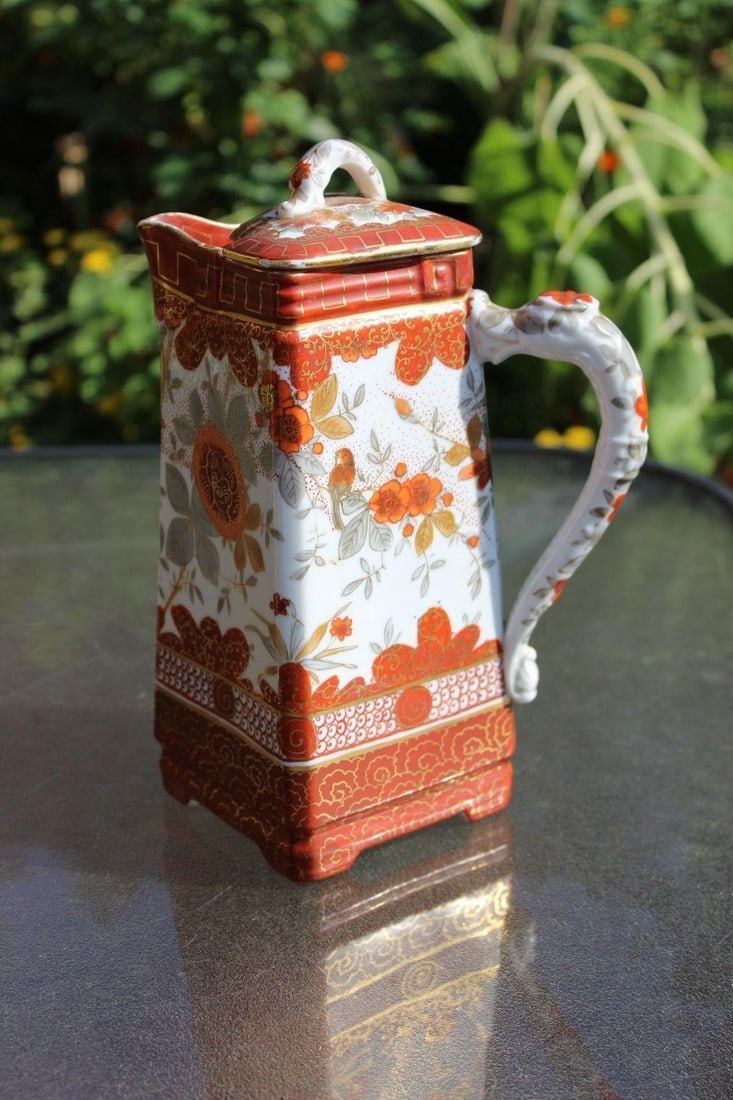 Antique German large tea pot & cover, bullet mark Thuringia, Germany;: Antique German large tea pot & cover, bullet mark Thuringia, Germany; There is a bullet shape sign at the bottom, which means: Oscar Schlegelmilch Langewissen, Thuringia Germany; Height: almost 10