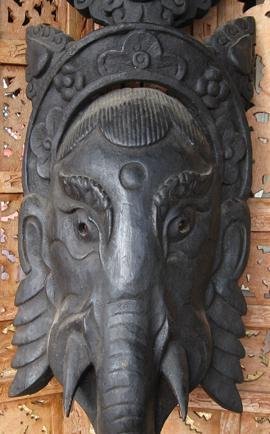 Carved wooden SRI GANESH Mask, Katmandu, Nepal, 75cm: Original design hand carved wooden SRI GANESH Mask, Katmandu, Nepal, 30 in.= 75 cm; This is a great Mask for it's unique and distinctive carving. It is a wonderful 'one of a kind' rendition of SRI GAN