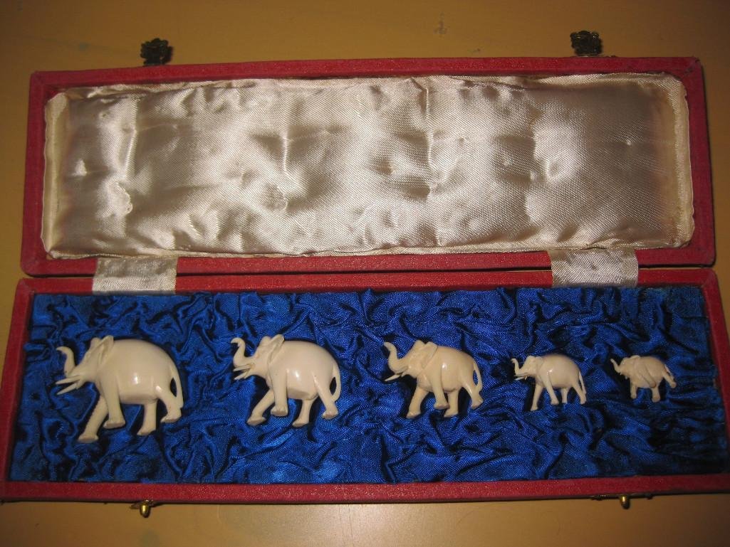 Set of 5 antique Chinese carved ivory elephants (1 of 7)