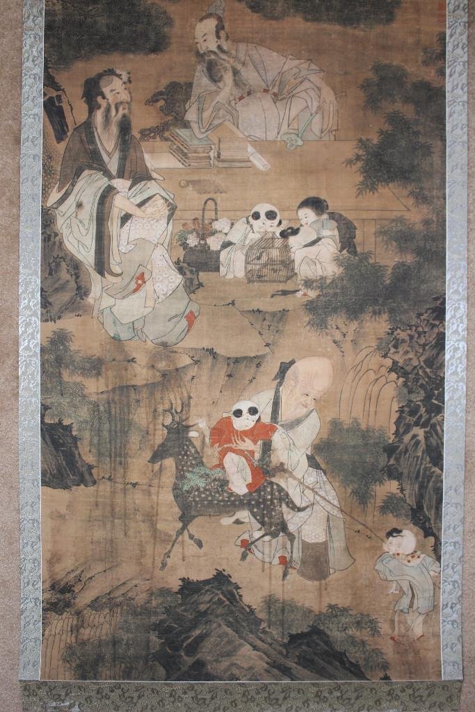 Qing/Ming Chinese scroll painting, 3 Dao Gods, by Wang: Chinese scroll painting, by Wang Wenwei Qing/Ming dynasty, 17th c(?)Painting: 48 x 24 inches = 120 cm x 60 cm. Scroll: 52 x 26 inches = 130 cm x 65 cm. Frame: 50.5 x 31 inches = 126 cm x 77.5 cm. Prov