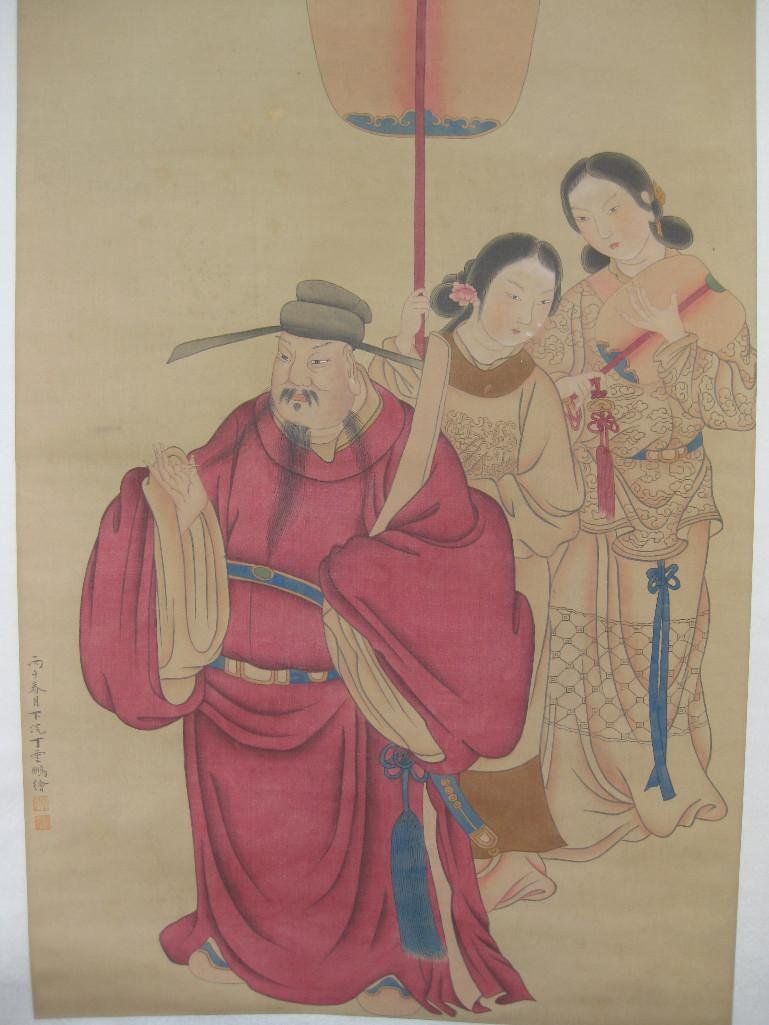 Chinese scroll silk painting,- Minister & 2 ladies (1 of 10)