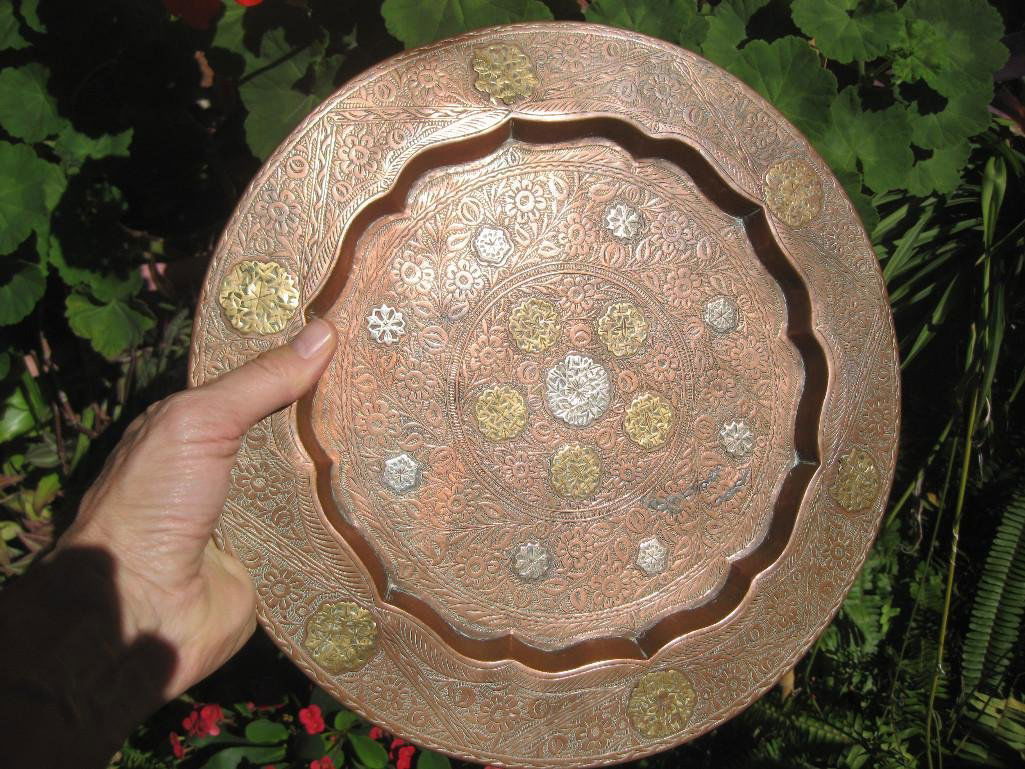 Antique Islamic heavy copper plate with gold and silver (1 of 10)