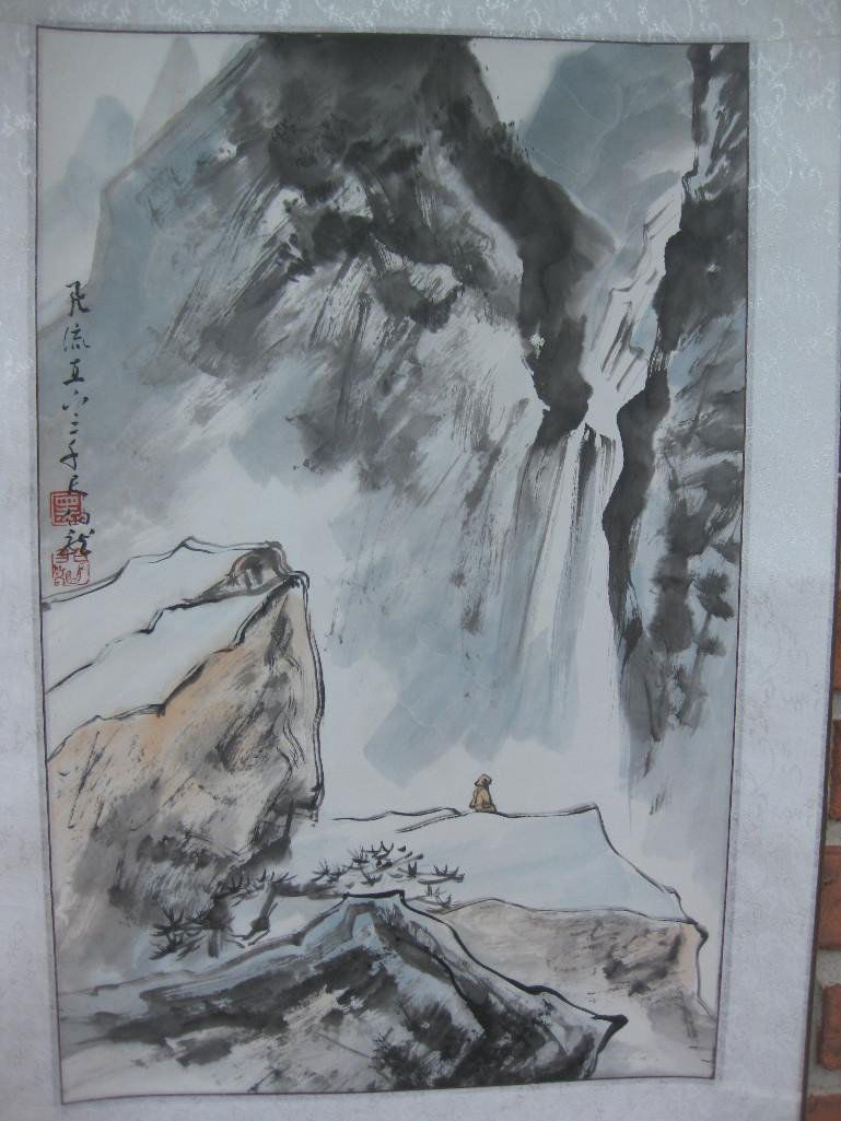 Chinese scroll painting Mysterious Mountains, HeiBoLong: Chinese scroll painting, Mysterious Mountains, attributed to Hei Bo Long. Painting size: 17 x 26 inches = 42.5 cm x 65 cm; Scroll size: 21 x 59 inches = 52.5 x 147.5 cm; Material: ink and water colors