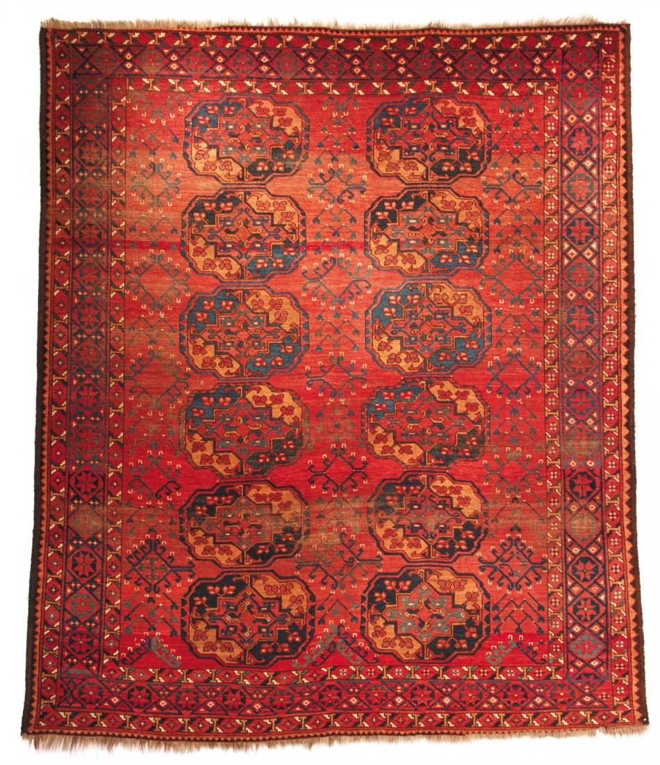 Ersari Main Carpet: Ersari Main Carpet; Amu Darya region; Central Asia; Mid 19th century; Condition: low pile in parts of field; one end slightly missing; all original sides; 7ft. 2in. x 8ft. 6in;