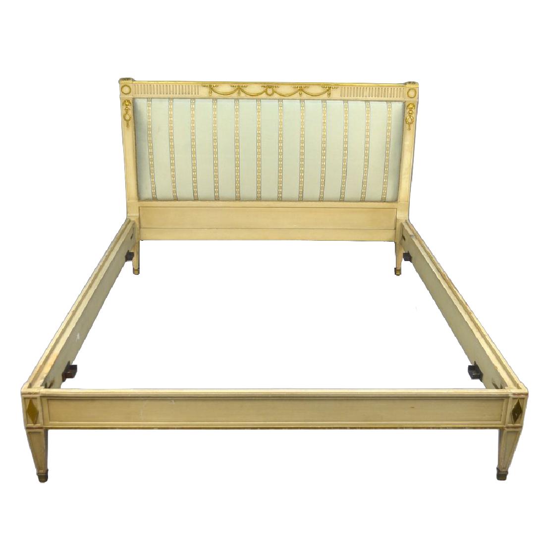 Louis XVI / Neo Classical style Bed, Stamped Jansen: Louis XVI / Neo-Classical style painted bed, ca. 1940, the headboard having new upholstery. The frame stamped "Jansen". 44 inches high, 63.5 inches wide and 79 1/8 inches long. Inside dimensions are 5
