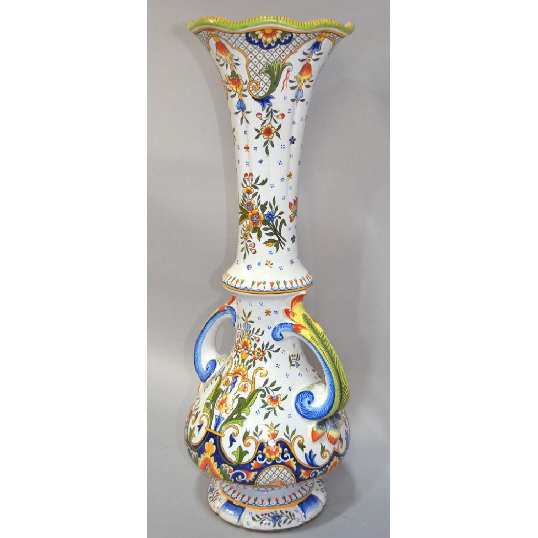 French Desvres Faience Vase, Verlingue: A beautiful and impressive large antique French hand painted floral scene earthenware Desvres faience vase by Jules Verlingue, ca. 1910. A great large whimsical vase bound to brighten any room with it