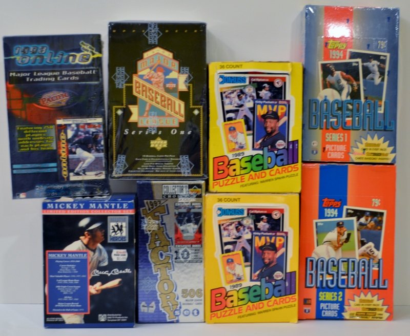 Lot of 8 Box’s Baseball Cards: 2 1989 Donruss, 1994 top: Lot of 8 Box’s Baseball Cards: 2 1989 Donruss, 1994 topps Series 1 & 2, 1998 Pacific, 1993 Upper Deck, 1997 Collector’s Choice, Replica Mickey Mantle Signed Ball
