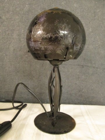 AFTER GALLE FRENCH SIGNED CAMEO GLASS 11" LAMP: 9" TALL SWAMP/POND SCENE SHADES OF GOLD, BLACK, BLUE, ETC, 15 WATT BULBS MAX.