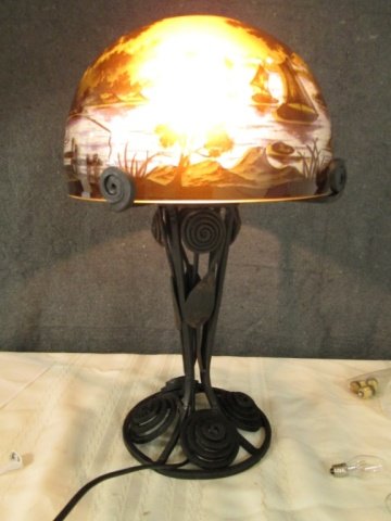AFTER GALLE FRENCH SIGNED CAMEO GLASS 15.5" LAMP: 15.5" TALL LAMP IRON BASE SIGNED GALLE, SINGLE BULB, 15 WATT BULBS MAX. SAILBOATS, FISHERMAN SCENE SHADES OF BLUE, BROWN, AMBER ETC