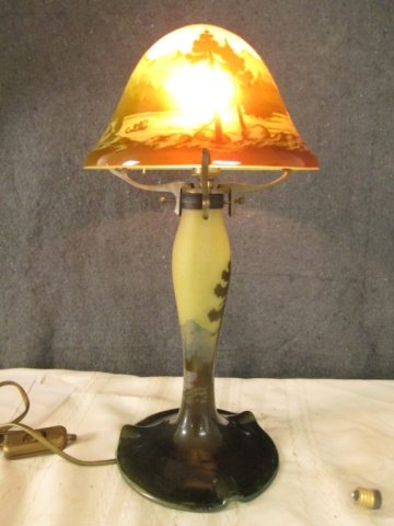 AFTER GALLE FRENCH SIGNED CAMEO GLASS 15" LAMP: 15" TALL LAMP SIGNED GALLE, 15 WATT BULBS MAX. MOUNTAIN LAKE FRONT DESIGN SHADES OF GREEN, BLUE ETC