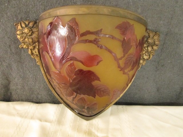 AFTER GALLE FRENCH SIGNED CAMEO GLASS 14" SCONCE: 14." WIDE WALL SCONCE WITH LIGHT SIGNED GALLE, FLORAL LEAF ART NOUVEAU DESIGN, 15 WATT BULBS MAX. SHADES OF CRANBERRY GOLD, ETC