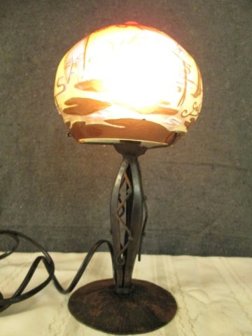 AFTER GALLE FRENCH SIGNED CAMEO GLASS 10.5" LAMP: 10.5" TALL LAMP SIGNED GALLE, DRAGONFLIES & POND ART NOUVEAU DESIGN SHADES OF BLUE, PURPLE, BROWN, ETC, 15 WATT BULBS MAX.